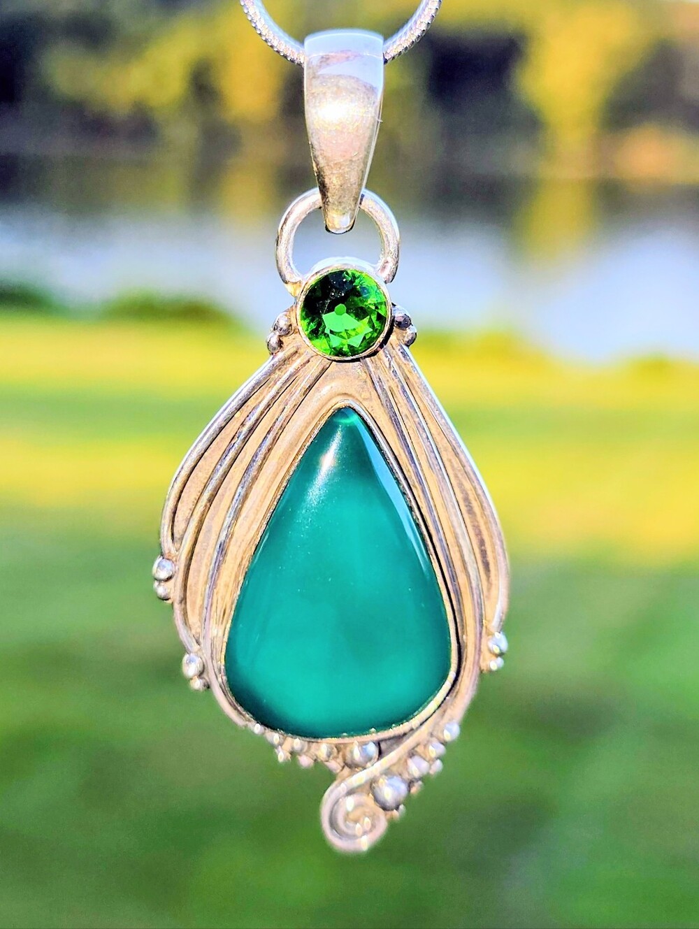 Green Onyx & Emerald Gemstone Pendant In 925 Sterling Silver (2.35")